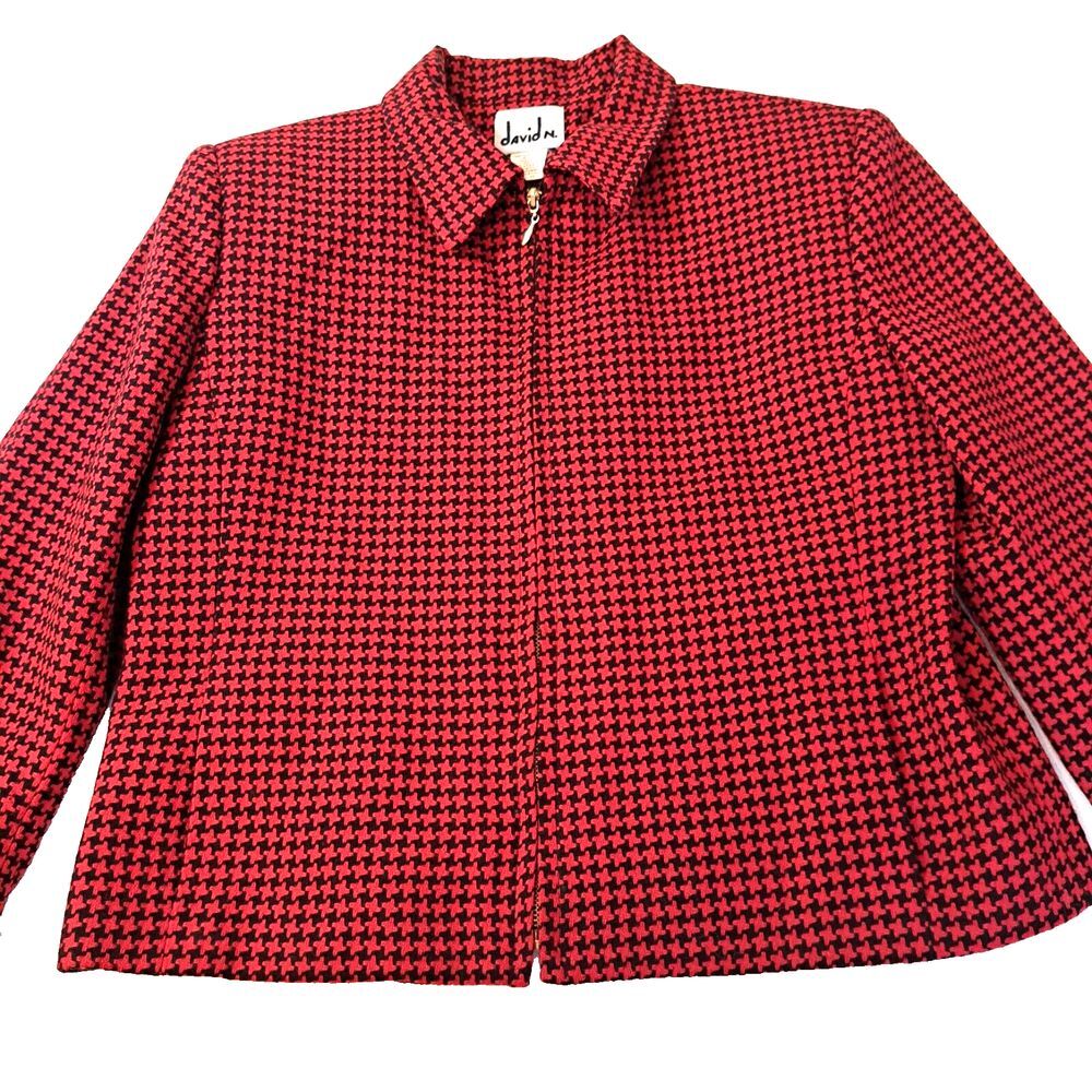 david N 100% WOOL Full Zip Jacket Blazer Womens 10 Red Black Herringbone Classic